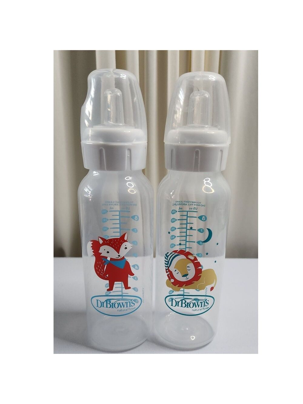Dr. Browns Natural Flow 8oz Baby Bottles Set of 2 Fox Lion Narrow Neck Clear
